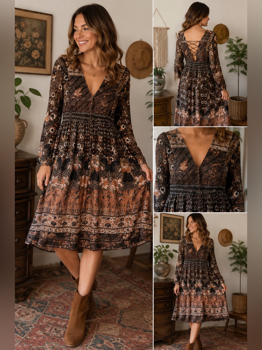 Urban Mango Brown Boho Lace-Up Back Long Sleeve Midi Dress Women's Large Earthy